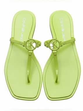 ♥️♥️ Calvin Klein Yellow Women's Edhen Logo T-Strap Flat Jelly Sandals